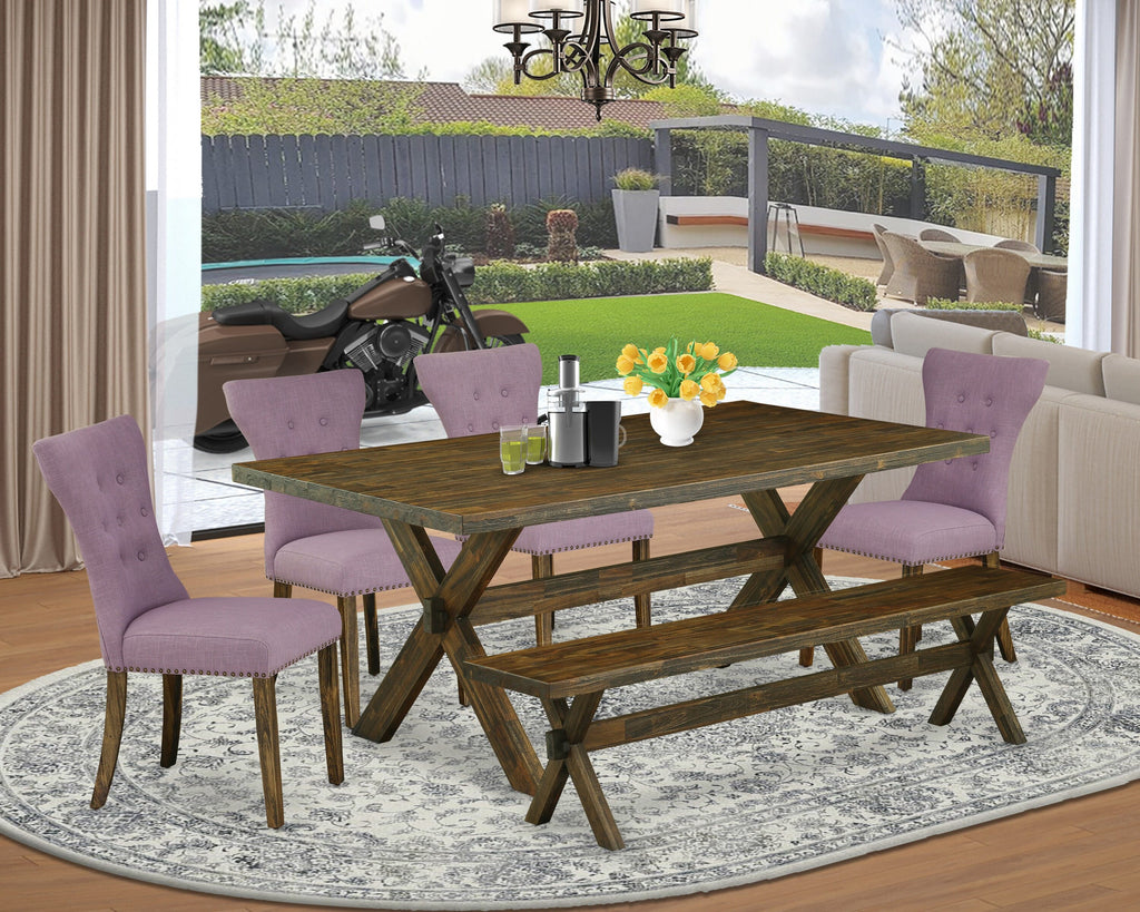 X777GP27L-3 6-Piece Dining Ensemble with Rectangular Table, X-Frame, Parson Chairs & Bench - Multi-Color