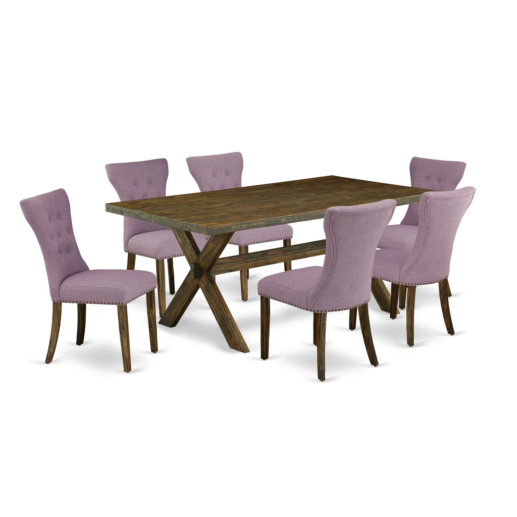 X777GSLCQ-0 7 Piece Dining Ensemble Featuring a Rectangular Table with X-Legs and 6 Upholstered Dahlia Chairs