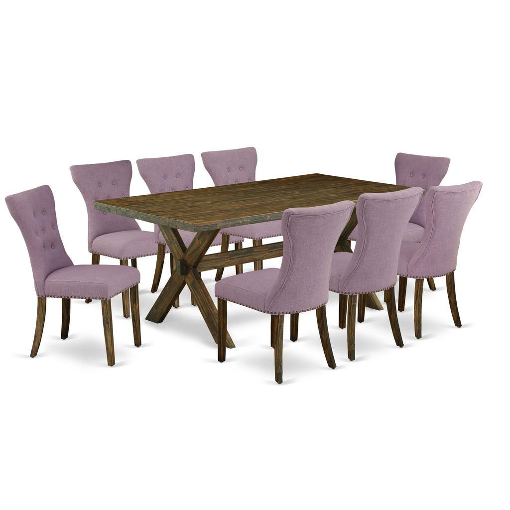 X777GOFP9-3 Luxurious 9-PC Dining Set with Rectangular Table and 8 Upholstered Parson Chairs for Elegant Dining Spaces