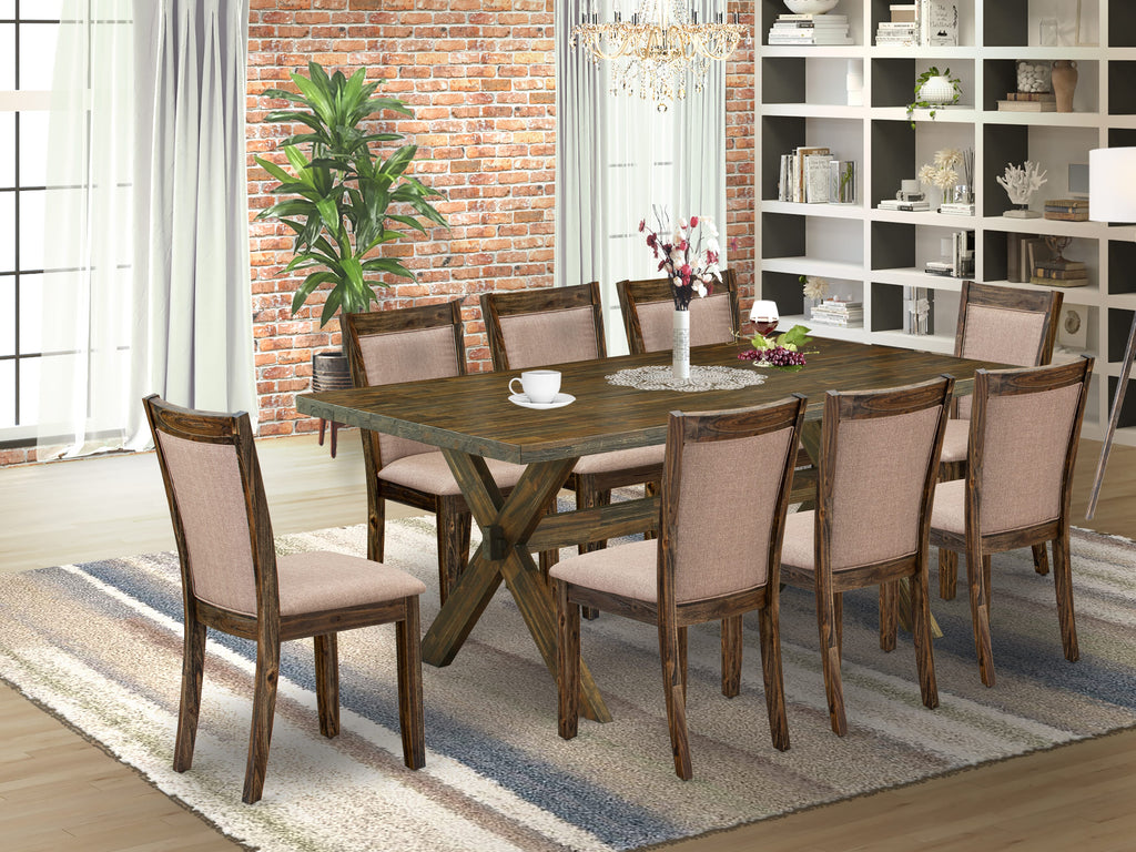 X777MQMLJ-A Deluxe 9-Piece Dining Ensemble Rectangle Table with X-Legs & 8 Khaki Linen Chairs - 40x72