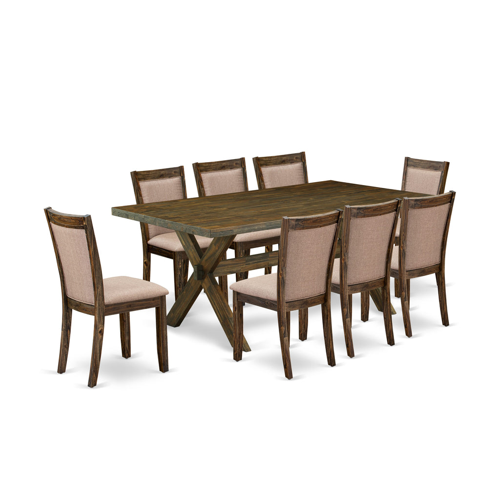 X777MQMLJ-A Deluxe 9-Piece Dining Ensemble Rectangle Table with X-Legs & 8 Khaki Linen Chairs - 40x72