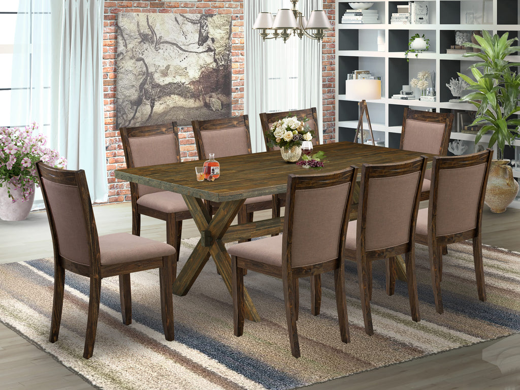 X777MM178-2 9-Piece Dining Set, Includes Rectangular Table with Stylish X-Legs and 8 Upholstered Chairs with Coffee Linen Fabric, Multicolor, 40x72
