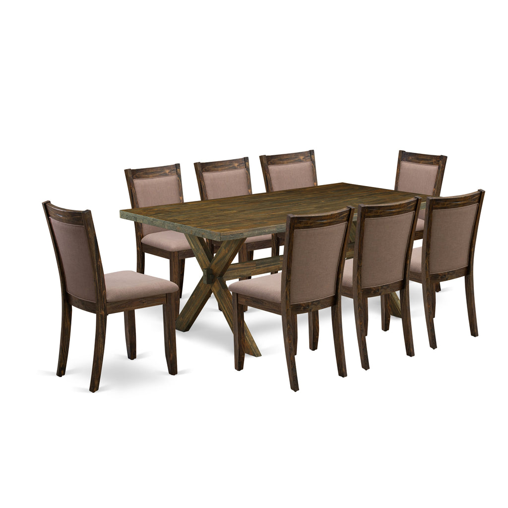 X777MM178-2 9-Piece Dining Set, Includes Rectangular Table with Stylish X-Legs and 8 Upholstered Chairs with Coffee Linen Fabric, Multicolor, 40x72