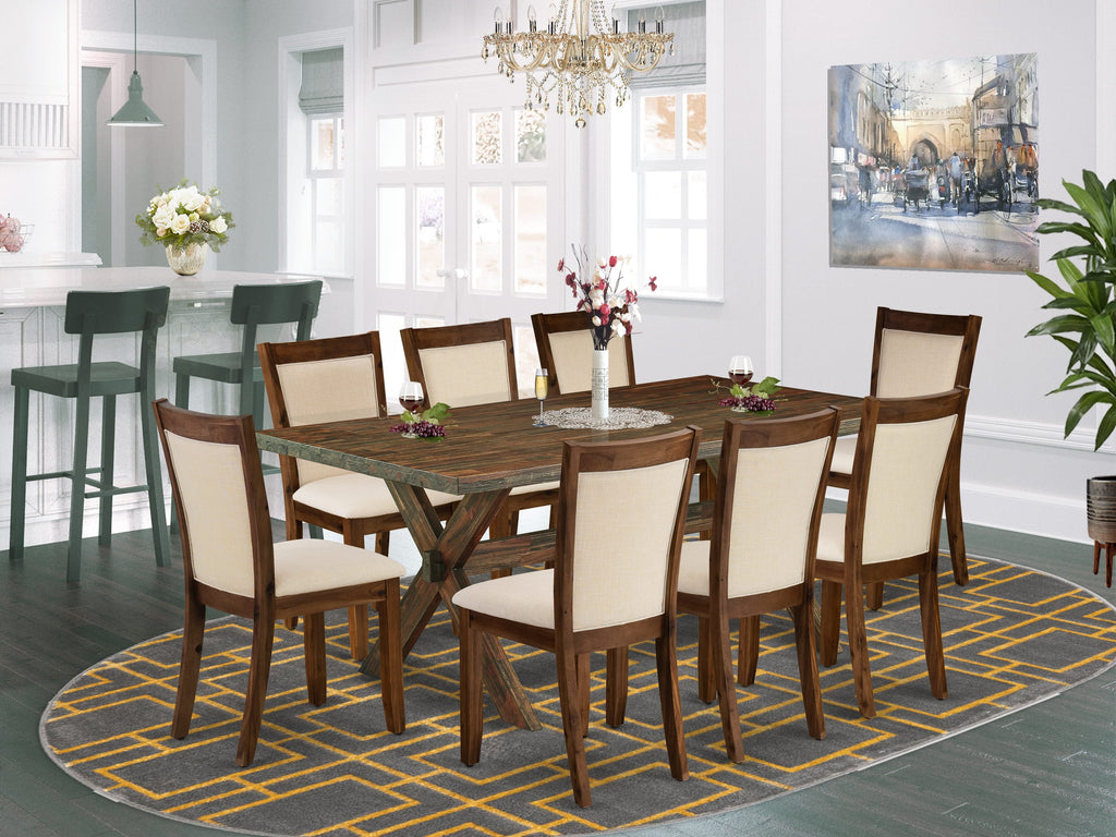 X777MF9ZU-O 9-Piece Set Rectangular Table with X-Legs & 8 Beige Linen Chairs, Multi-Color, 40x72