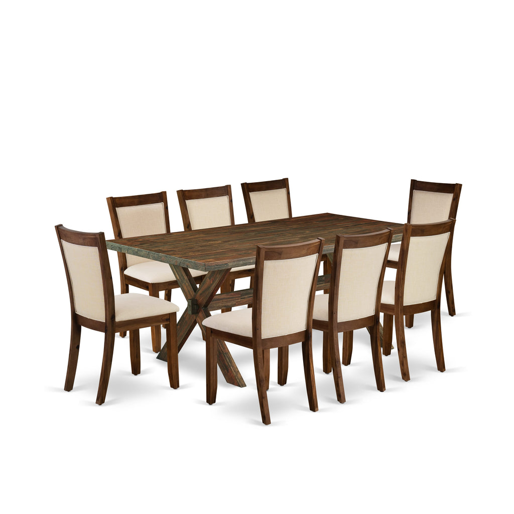 X777MF9ZU-O 9-Piece Set Rectangular Table with X-Legs & 8 Beige Linen Chairs, Multi-Color, 40x72