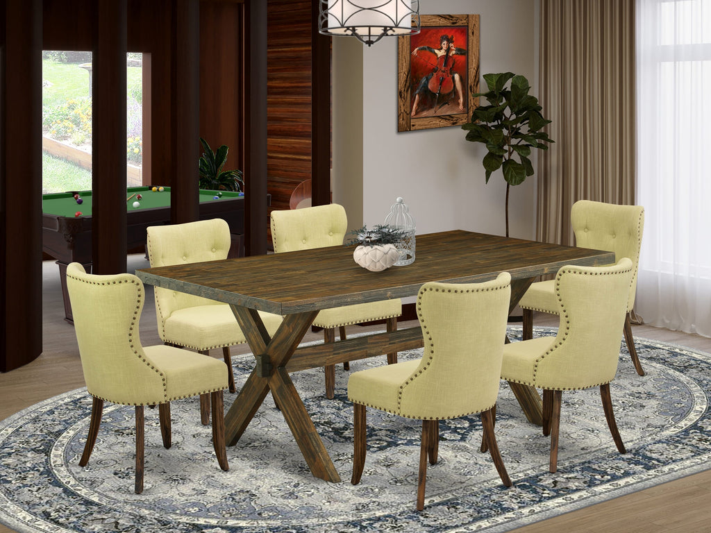 X777SFXUY-3 7-Piece Dining Ensemble Rectangle Table with X-Legs and 6 Limelight Upholstered Seats, Multi-Tone, 40x72