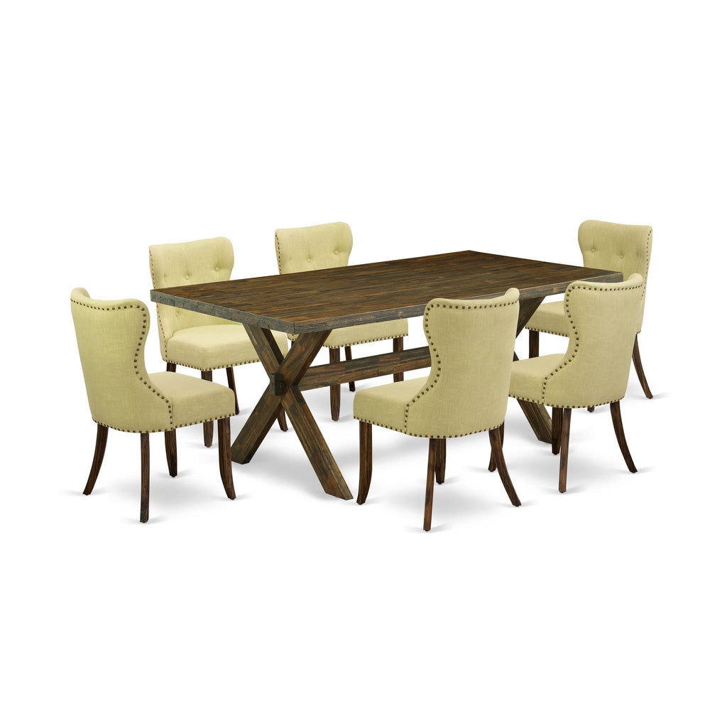 X777SFXUY-3 7-Piece Dining Ensemble Rectangle Table with X-Legs and 6 Limelight Upholstered Seats, Multi-Tone, 40x72