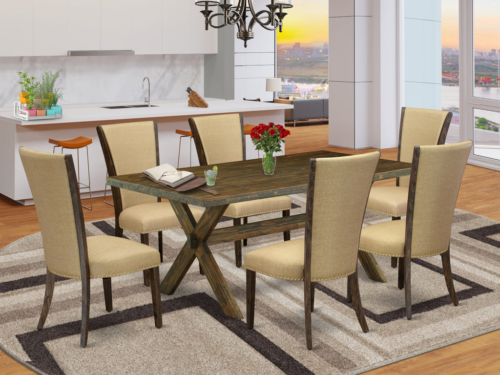 X777VX7T7-P 7-Piece Dining Set X-Leg Table & 6 Parson Chairs with Brown Linen, 40x72 Multicolor
