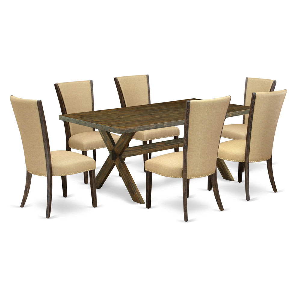 X777VX7T7-P 7-Piece Dining Set X-Leg Table & 6 Parson Chairs with Brown Linen, 40x72 Multicolor