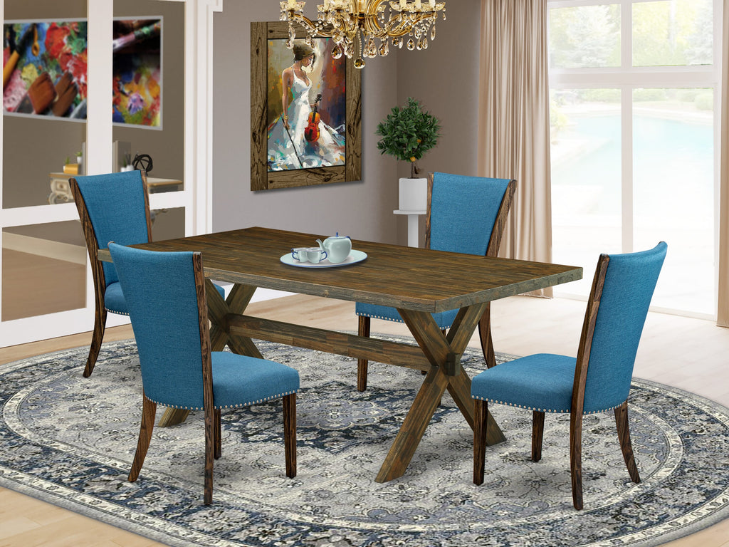 X777VRQN9-X 5 Pc Dining Ensemble Rectangular Table & 4 Blue Linen Chairs, 40x72, Multi-Color