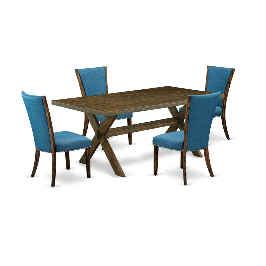 X777VRQN9-X 5 Pc Dining Ensemble Rectangular Table & 4 Blue Linen Chairs, 40x72, Multi-Color