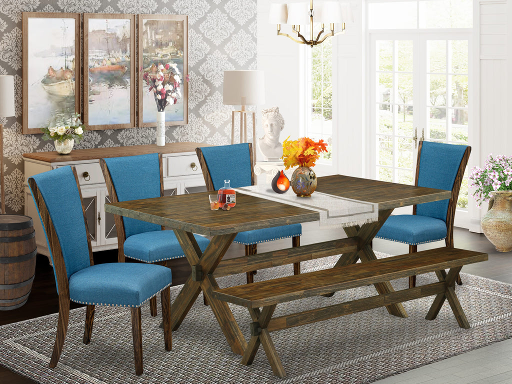 X777VHVNC-S Elegant 6pc Dining Ensemble with Rectangle Table, Parson Chairs, and Bench, Blue Fabric