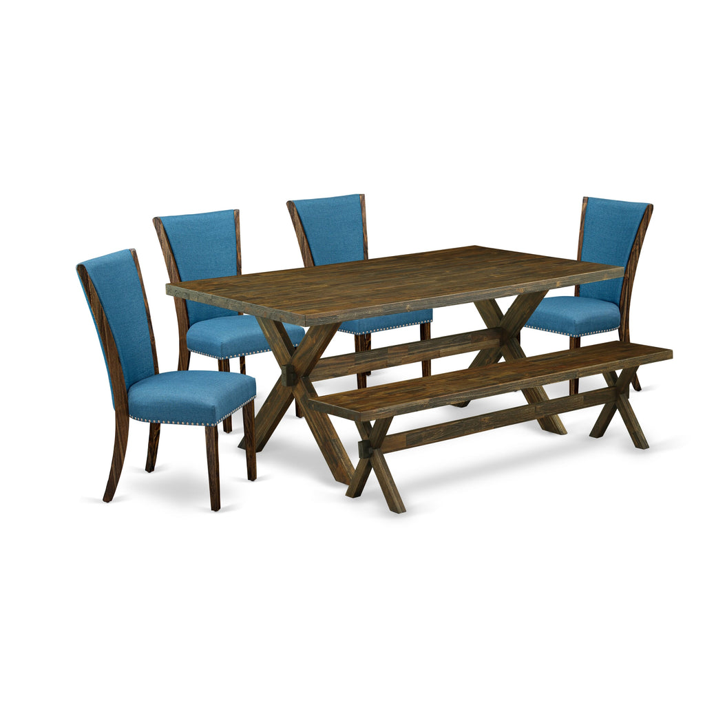 X777VHVNC-S Elegant 6pc Dining Ensemble with Rectangle Table, Parson Chairs, and Bench, Blue Fabric
