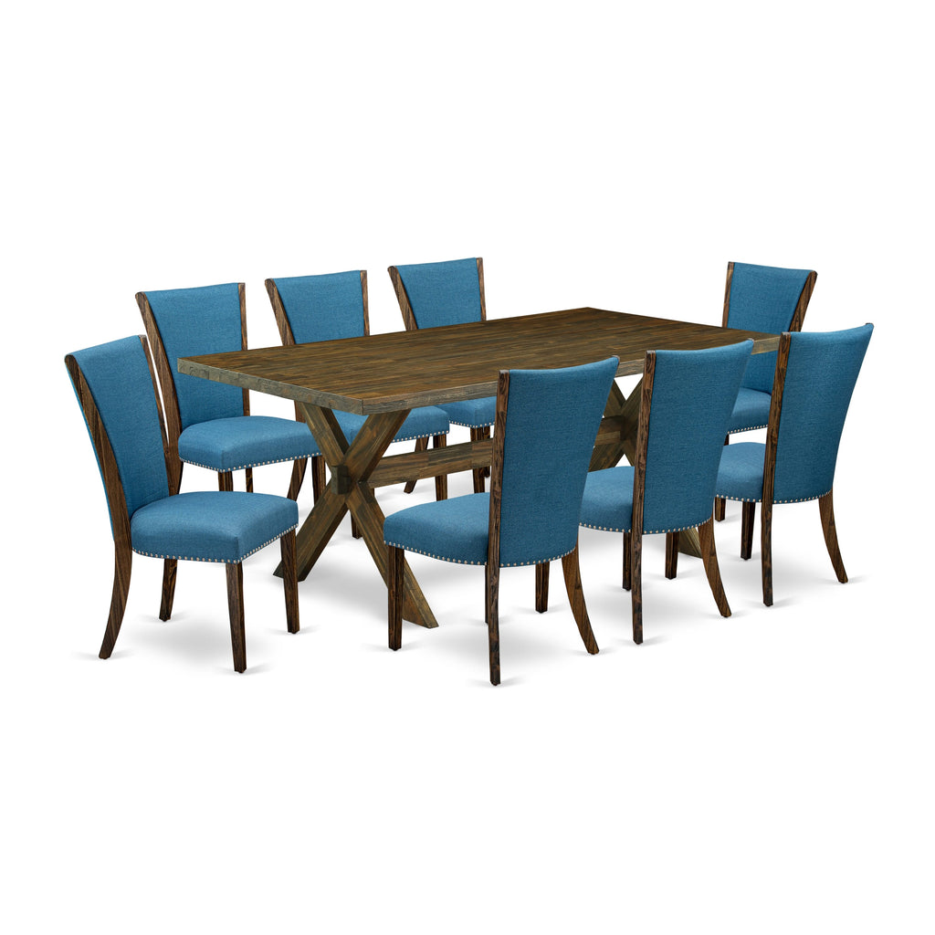X777VXLE0-Z 9-Piece Dining Ensemble with X-Leg Table & 8 Blue Linen Chairs, 40x72 Multicolor