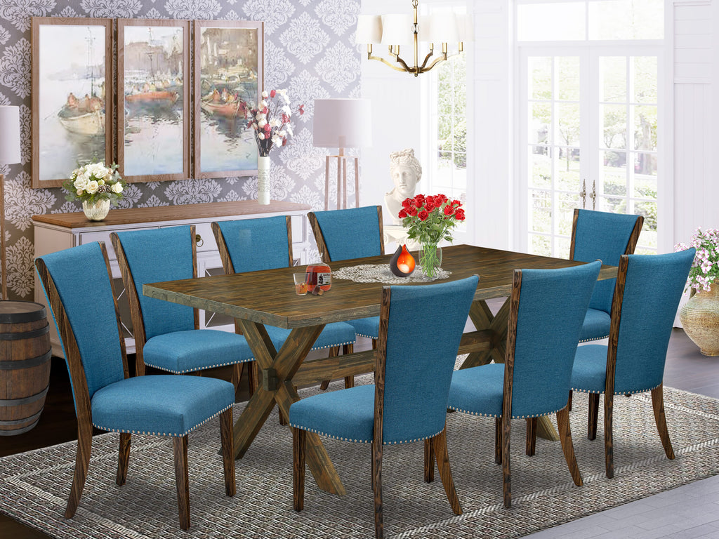 X777VXLE0-Z 9-Piece Dining Ensemble with X-Leg Table & 8 Blue Linen Chairs, 40x72 Multicolor