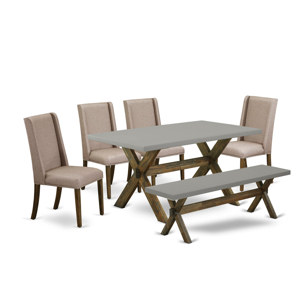 X796FLVMI-V 6-Piece Dining Set with Rectangular Table, Upholstered Chairs, and Bench, 36x60 Inches, Multi-Color