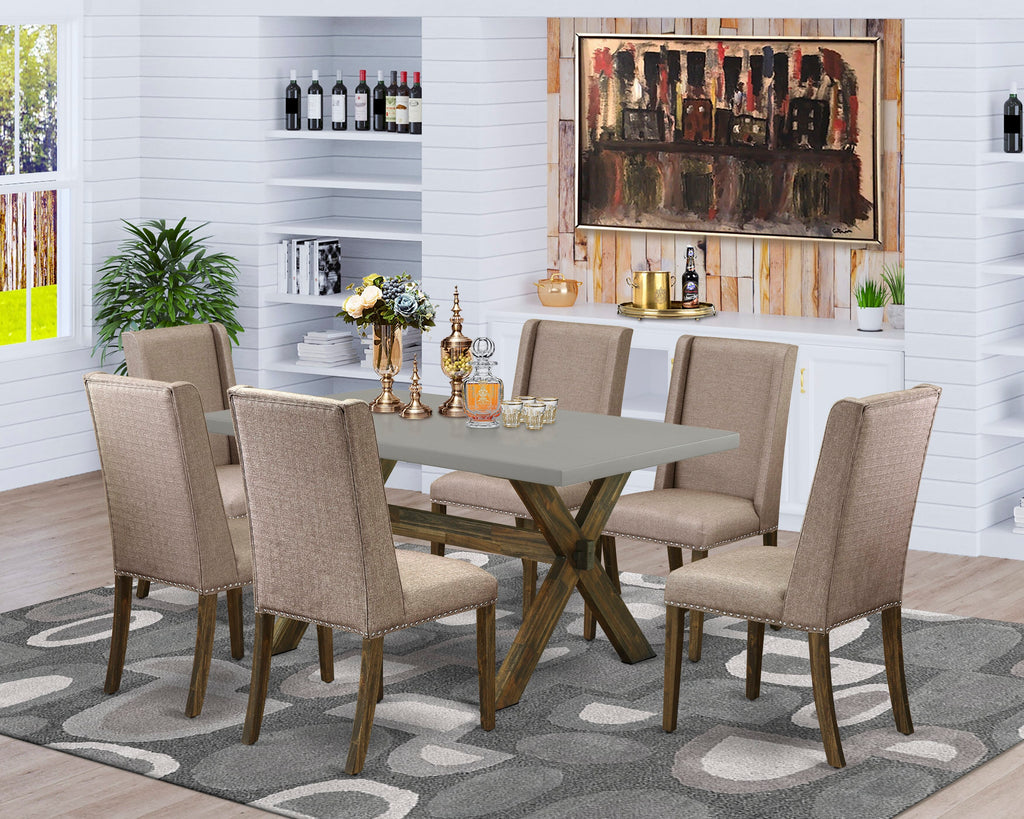 X796FQKAK-U Inviting 7-Piece Rectangular Dining Set with Unique X-Leg Table and 6 Plush Dark Khaki Chairs