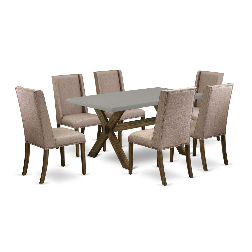 X796FQKAK-U Inviting 7-Piece Rectangular Dining Set with Unique X-Leg Table and 6 Plush Dark Khaki Chairs