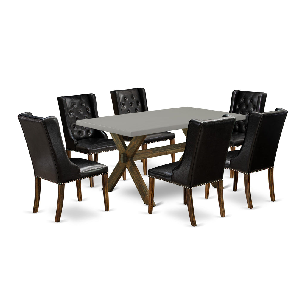 7-Piece Dining Ensemble X796FFDCG-W Rectangle Table with X-Legs and 6 Upholstered Black Chairs, Multi-Colored Design