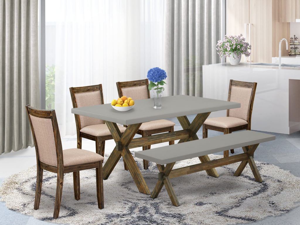 X796MI366-Q Elegant 6-Piece Dining Suite with Extended Rectangle Table, X-Legs, Khaki Parson Chairs & Bench, 36x60 Inches