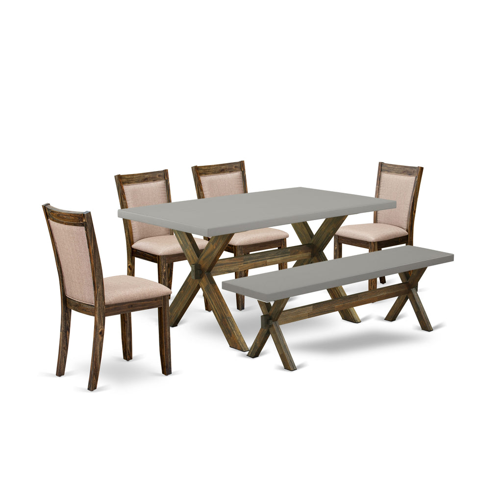 X796MI366-Q Elegant 6-Piece Dining Suite with Extended Rectangle Table, X-Legs, Khaki Parson Chairs & Bench, 36x60 Inches