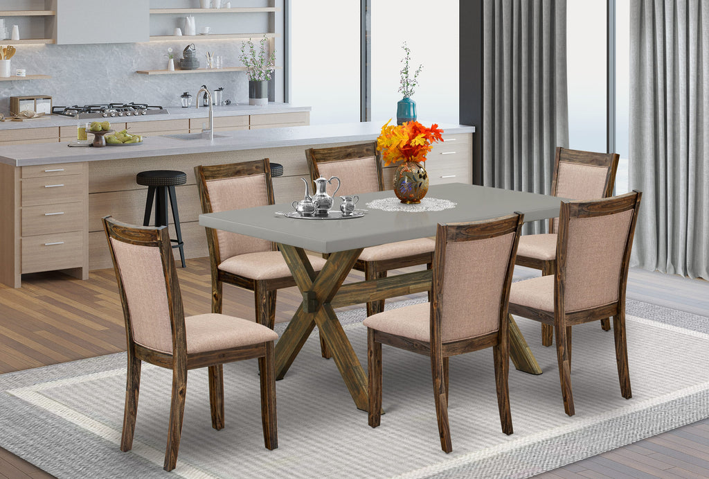 X796M9BJK-E 7-Piece Dining Ensemble with X-Leg Table and 6 Khaki Padded Chairs, Multi-Color, 36x60 Inch