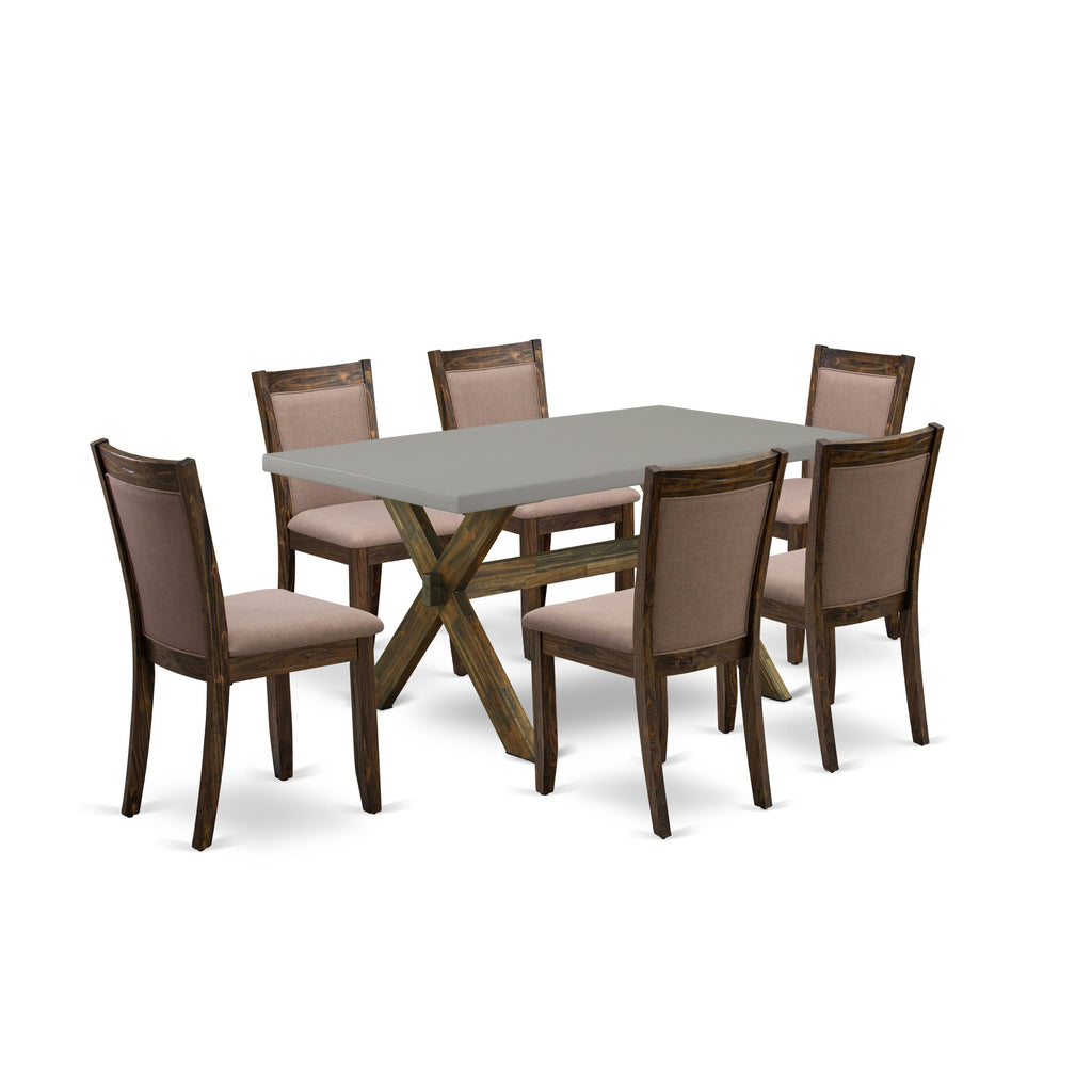 X796MJ8V1-5 7-Piece Rectangle Dining Set with X-Legs & 6 Fabric Upholstered Coffee Chairs, Multi-Color, 36x60 Inch