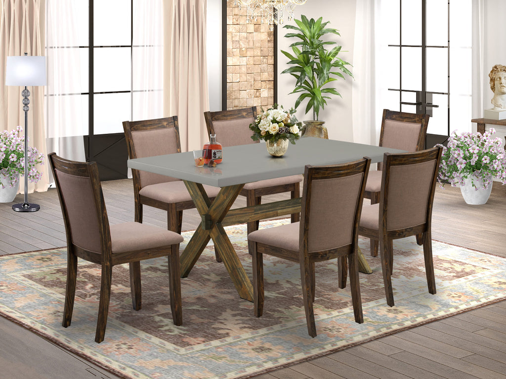 X796MJ8V1-5 7-Piece Rectangle Dining Set with X-Legs & 6 Fabric Upholstered Coffee Chairs, Multi-Color, 36x60 Inch
