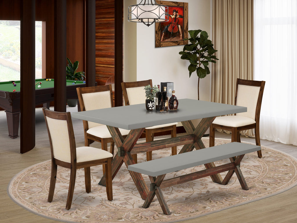 X796MMRLW-O 6-Piece Dining Ensemble Featuring Rectangle Table with Sturdy X-Legs, Four Elegant Beige Linen Fabric Chairs & Versatile Bench, 36x60 Inch, Multi-Tone Design