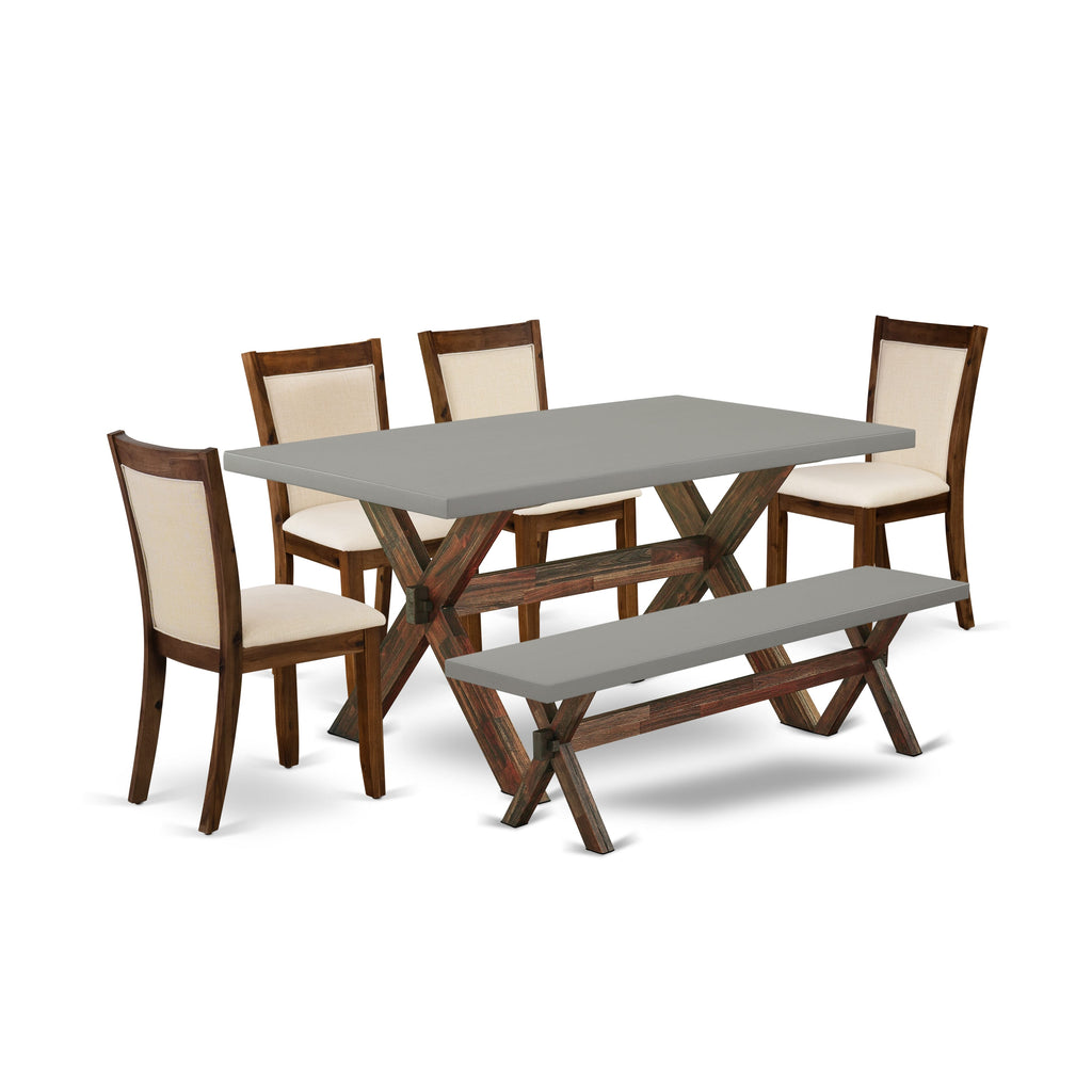 X796MMRLW-O 6-Piece Dining Ensemble Featuring Rectangle Table with Sturdy X-Legs, Four Elegant Beige Linen Fabric Chairs & Versatile Bench, 36x60 Inch, Multi-Tone Design