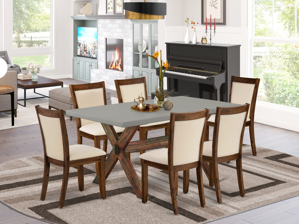 X796MR8QX-2 Elegant 7-Piece Dining Ensemble with X-Leg Table & Beige Linen Chairs, 36x60 Inch, Varied Hues