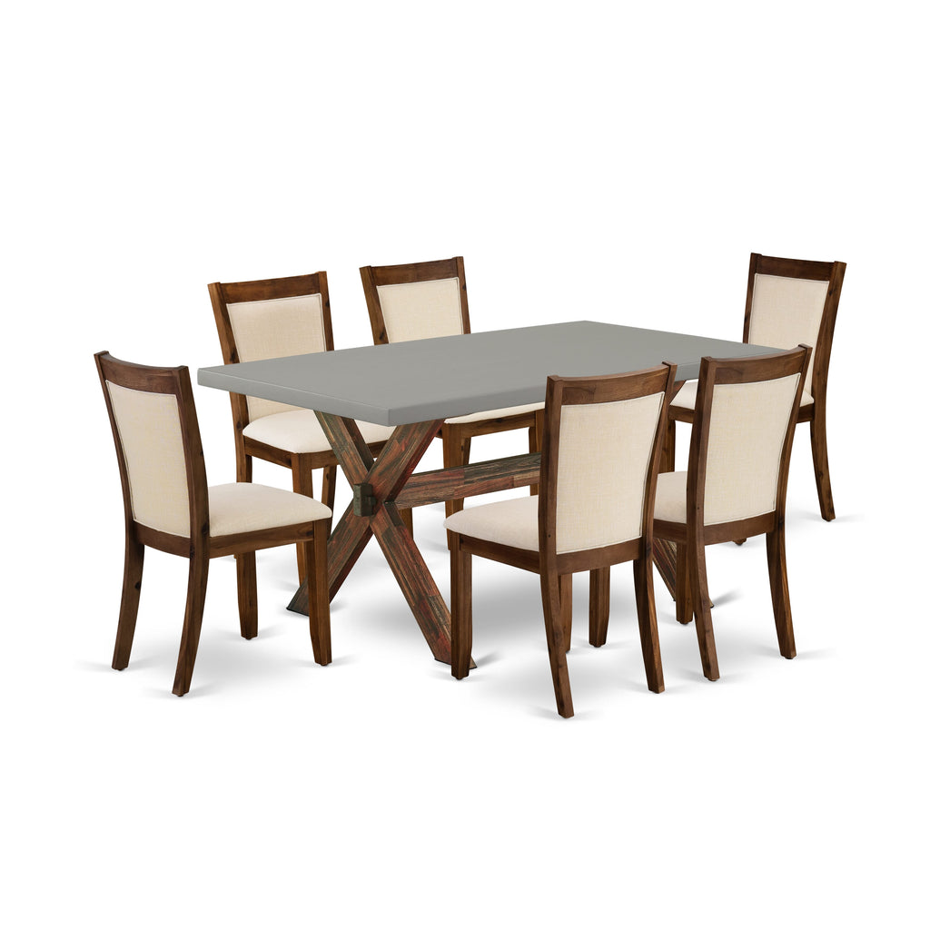 X796MR8QX-2 Elegant 7-Piece Dining Ensemble with X-Leg Table & Beige Linen Chairs, 36x60 Inch, Varied Hues