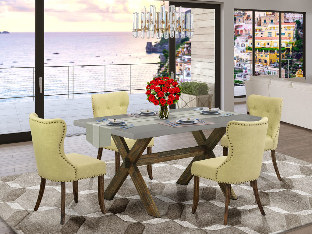 X796SENDG-0 Stylish 5-Piece Dining Ensemble with Rectangular Table and X-Legs, Plus 4 Linen Parson Chairs in Multi-Hues