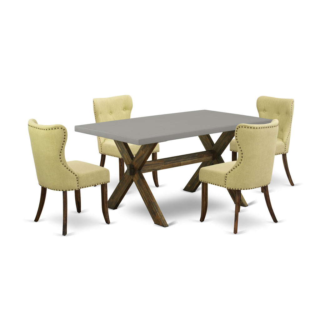 X796SENDG-0 Stylish 5-Piece Dining Ensemble with Rectangular Table and X-Legs, Plus 4 Linen Parson Chairs in Multi-Hues