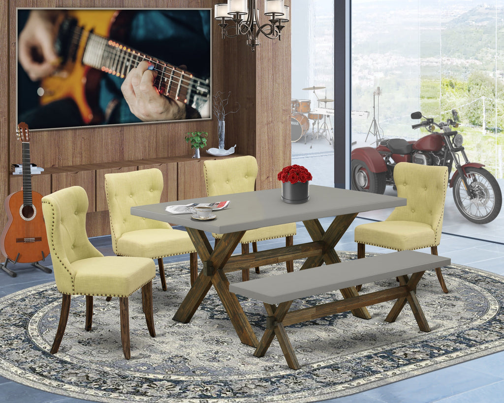 X796S9PMN-T 6-Piece Dining Ensemble with Rectangular Table, X-Base, 4 Limelight Linen Parsons Chairs, Bench, 36x60 Multi-Color