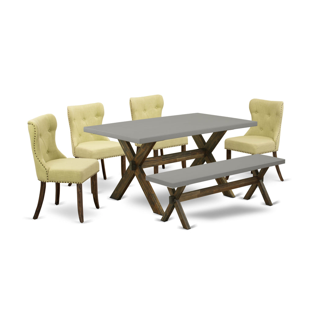 X796S9PMN-T 6-Piece Dining Ensemble with Rectangular Table, X-Base, 4 Limelight Linen Parsons Chairs, Bench, 36x60 Multi-Color