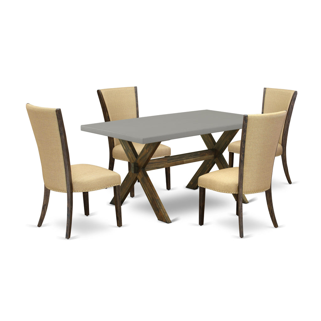 X796VFUKY-2 5-Piece Dining Ensemble with X-Leg Table & 4 Brown Linen Chairs for Kitchen Spaces