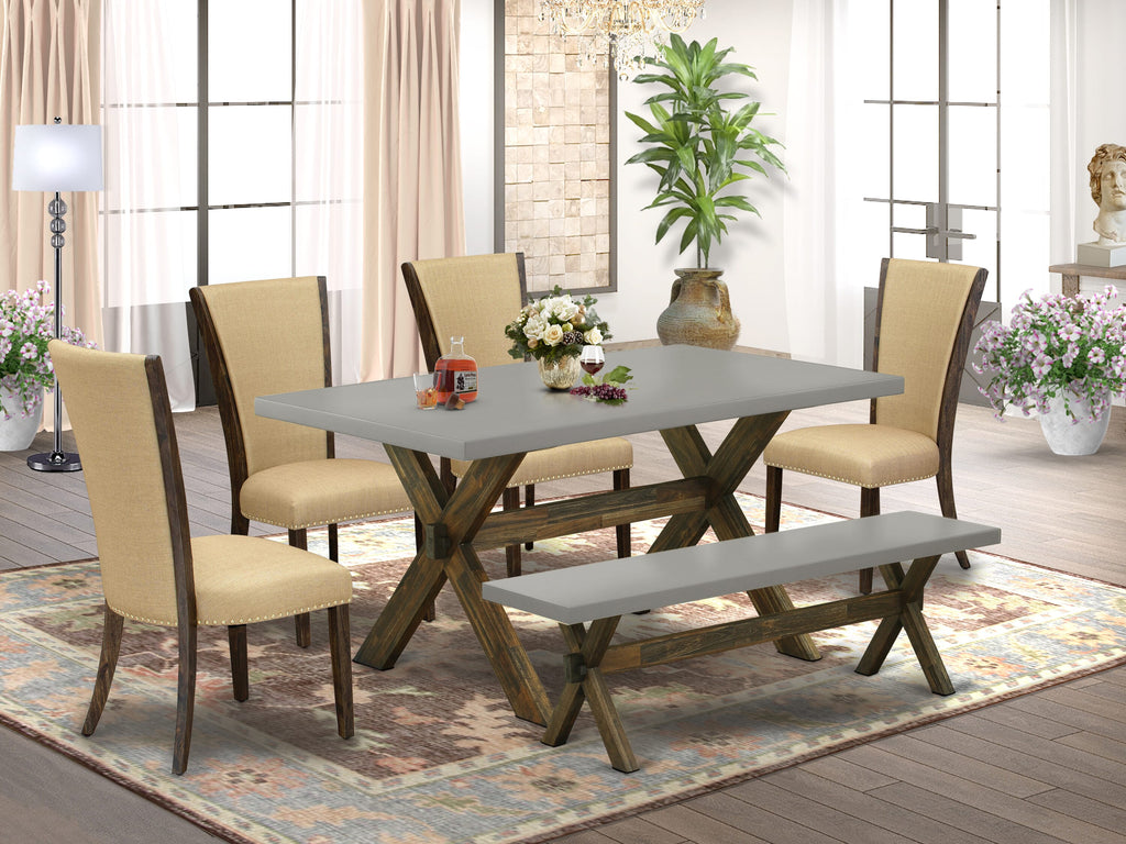 X796V43LC-2 Stunning 6-Piece Dining Suite Rectangle Table with X-Legs, Brown Linen Chairs & Bench, 36x60 Multi Shades