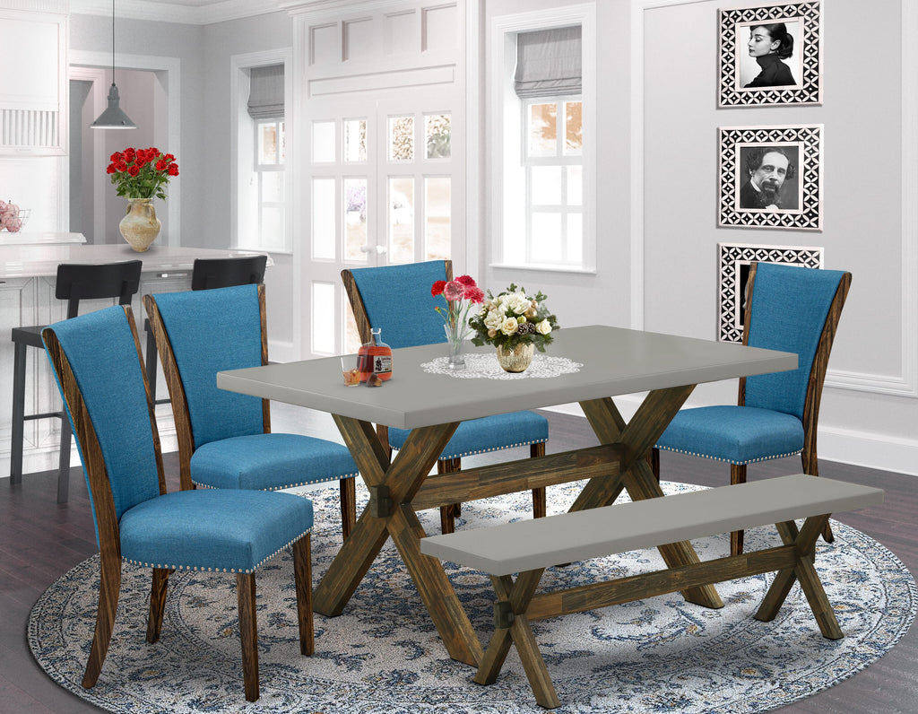 X796VJ4K6-P Elegant 6-Piece Set with Rectangle Table, X-Legs, 4 Blue Linen Chairs & Bench 36x60 Multi-Color Dining Experience