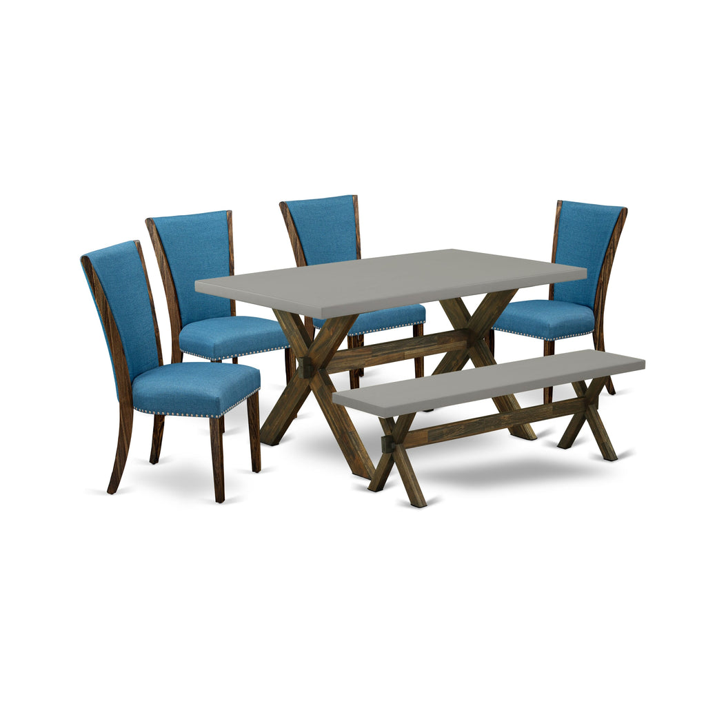 X796VJ4K6-P Elegant 6-Piece Set with Rectangle Table, X-Legs, 4 Blue Linen Chairs & Bench 36x60 Multi-Color Dining Experience