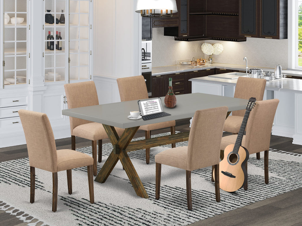 X797AT97M-X 7-Piece Dining Ensemble with Rectangular Table and Elegant X-Legs, Featuring 6 Subtle Sable Upholstered Chairs in Varied Hues