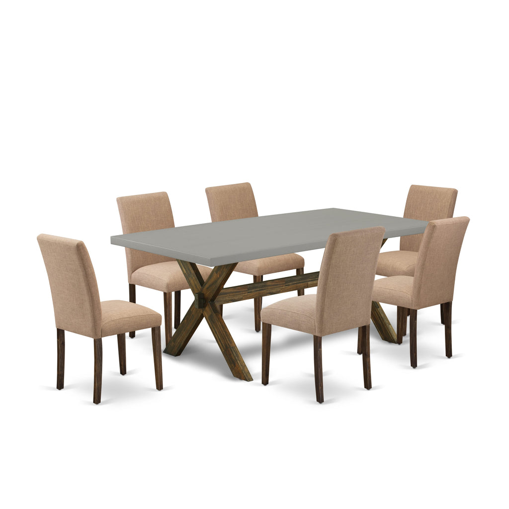 X797AT97M-X 7-Piece Dining Ensemble with Rectangular Table and Elegant X-Legs, Featuring 6 Subtle Sable Upholstered Chairs in Varied Hues