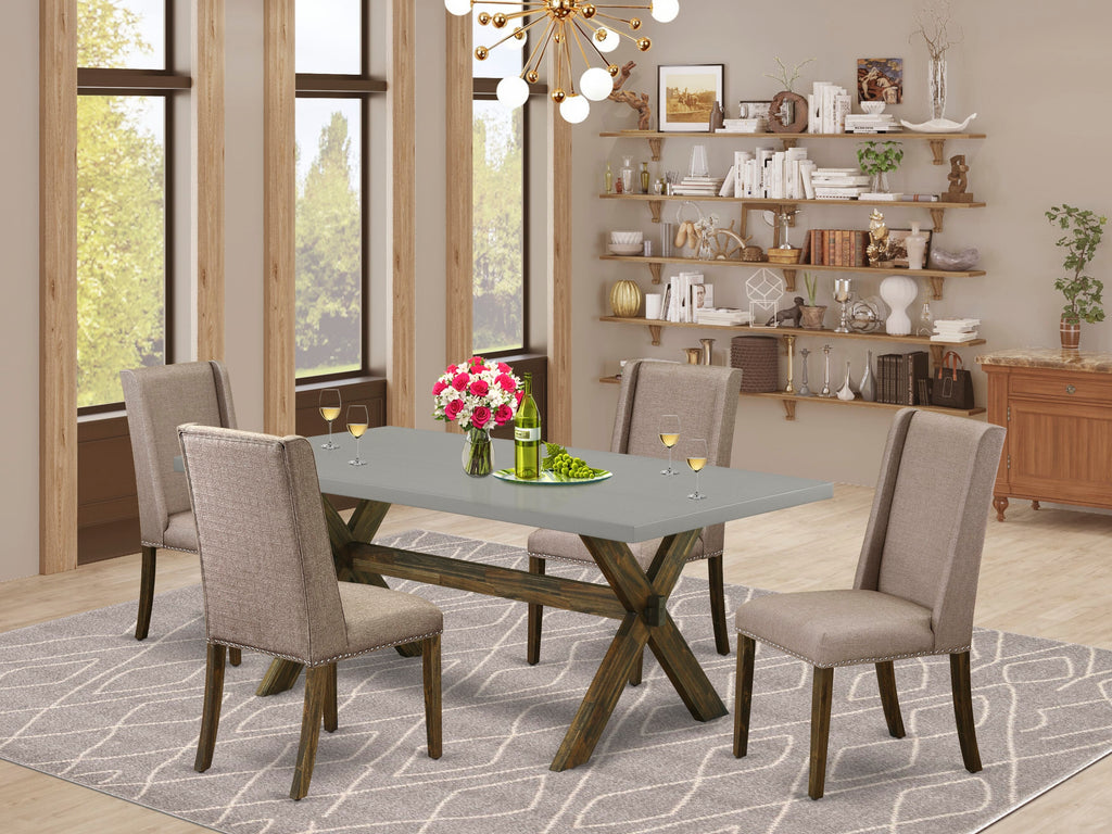 X797FKISZ-X 5-Piece Rectangular Dining Ensemble with Sturdy X-Leg Table and 4 Khaki Upholstered Chairs, 40x72