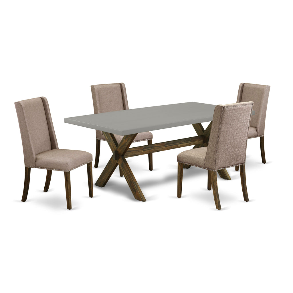 X797FKISZ-X 5-Piece Rectangular Dining Ensemble with Sturdy X-Leg Table and 4 Khaki Upholstered Chairs, 40x72