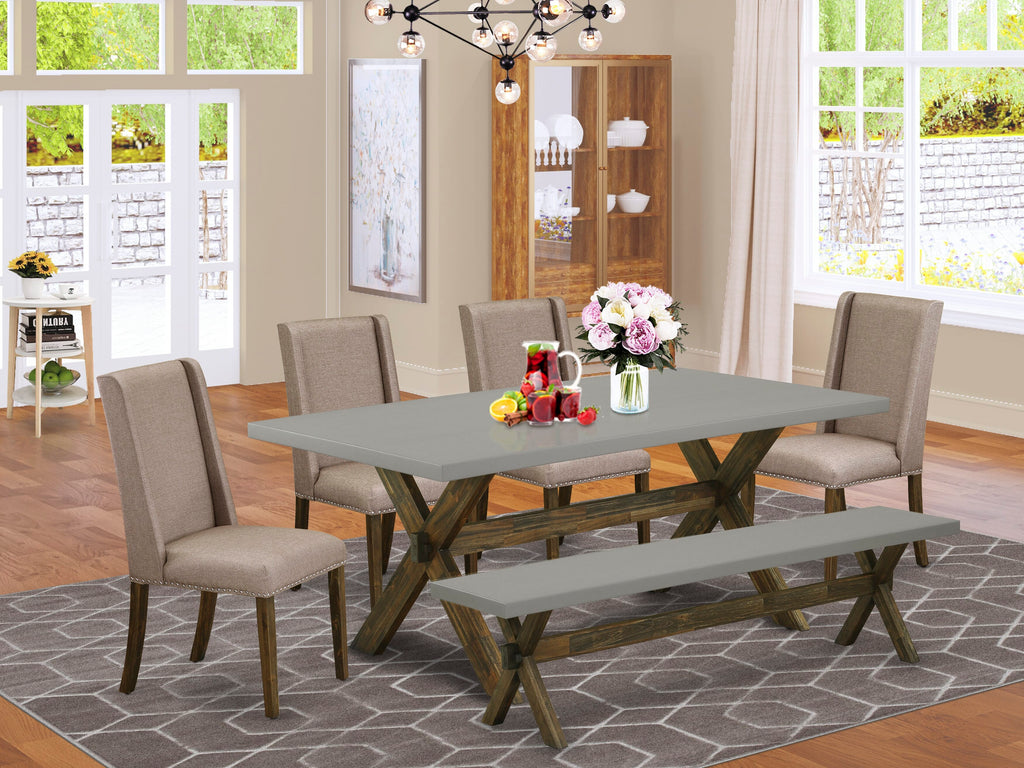 X797FTS67-J 6-Piece Dining Ensemble Rectangular Table, X-Legs, 4 Chairs, Bench, Dark Khaki Linen, Multi-Colored