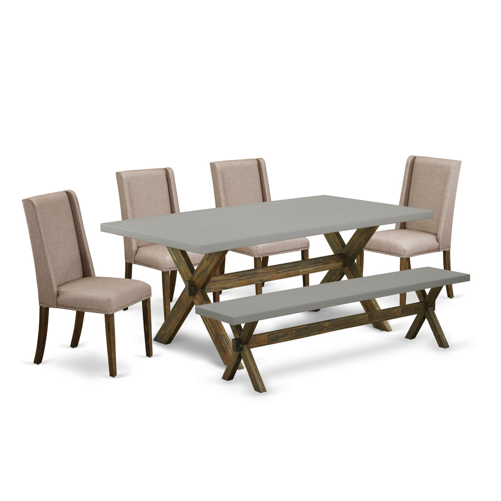 X797FTS67-J 6-Piece Dining Ensemble Rectangular Table, X-Legs, 4 Chairs, Bench, Dark Khaki Linen, Multi-Colored