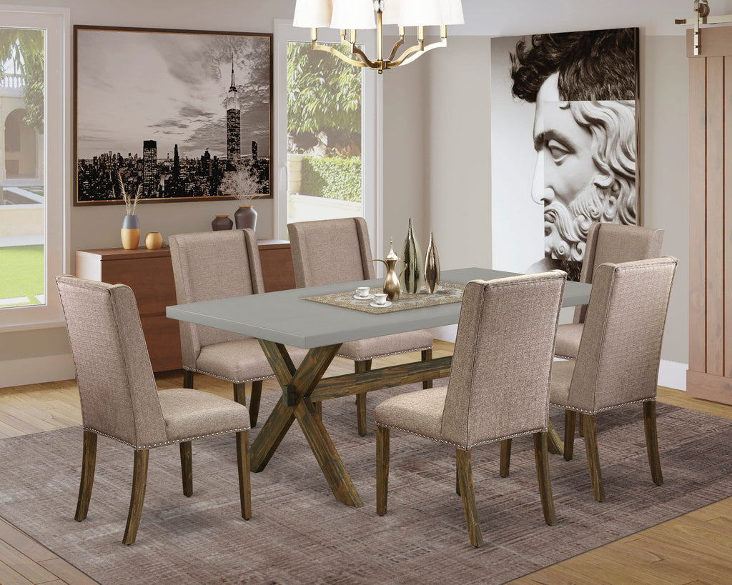 X797FIGRQ-N 7-Piece Dining Ensemble with X-Leg Table and 6 Upholstered Khaki Chairs