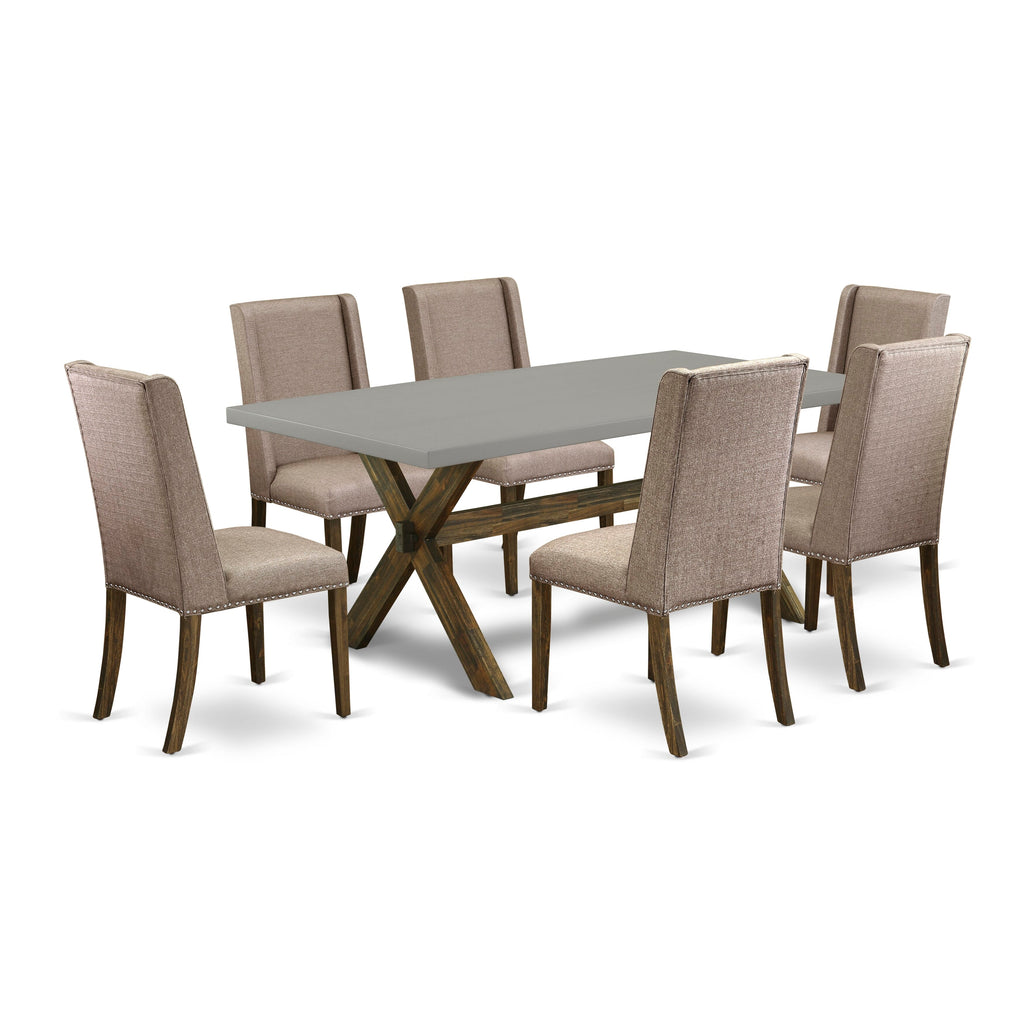 X797FIGRQ-N 7-Piece Dining Ensemble with X-Leg Table and 6 Upholstered Khaki Chairs