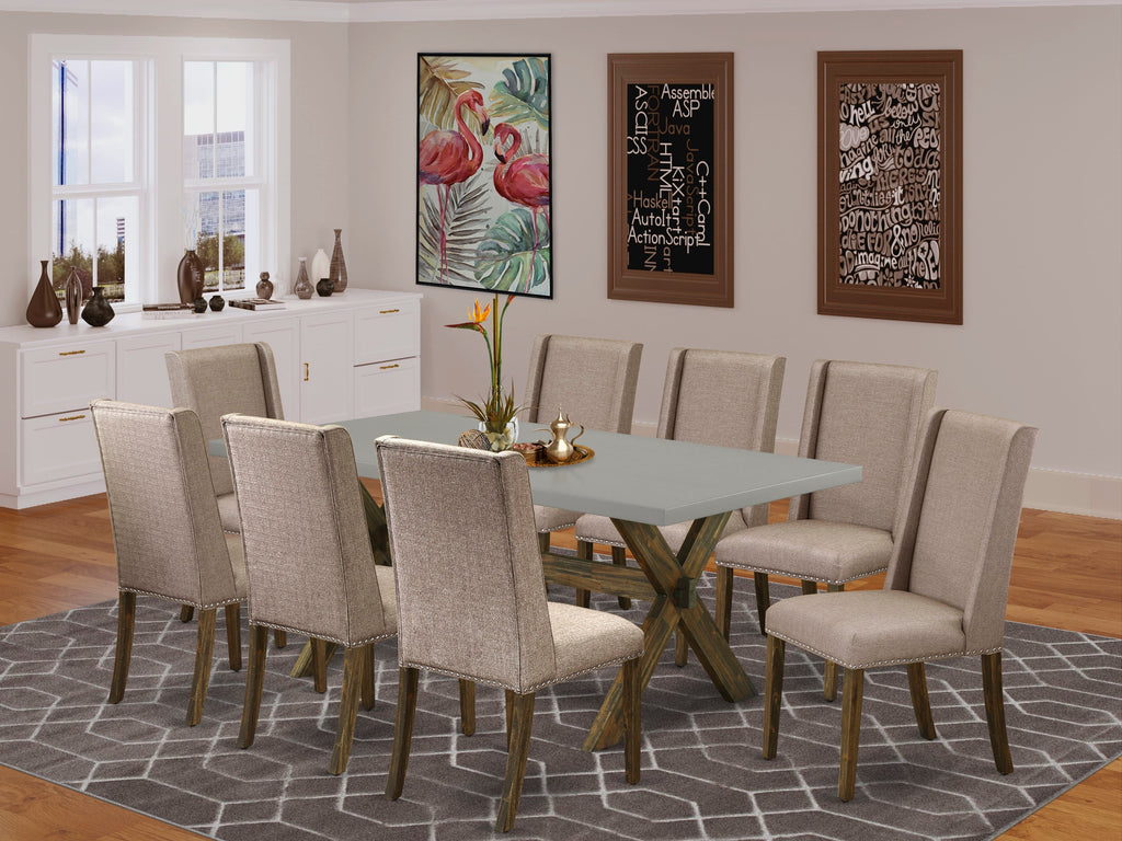 X797FD0NP-V Elegant 9-Piece Dining Ensemble with X-Legged Rectangle Table and 8 Upholstered Parson Chairs, Multi-Color