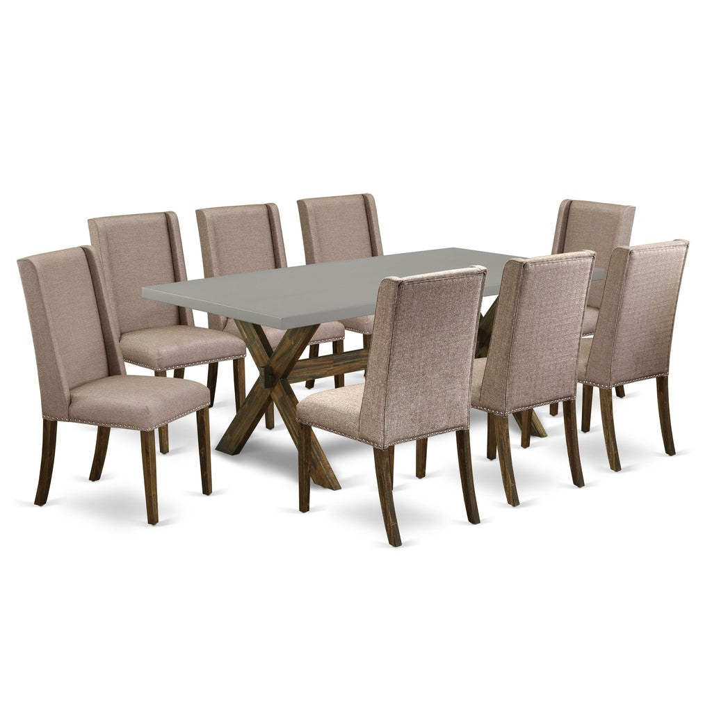 X797FD0NP-V Elegant 9-Piece Dining Ensemble with X-Legged Rectangle Table and 8 Upholstered Parson Chairs, Multi-Color